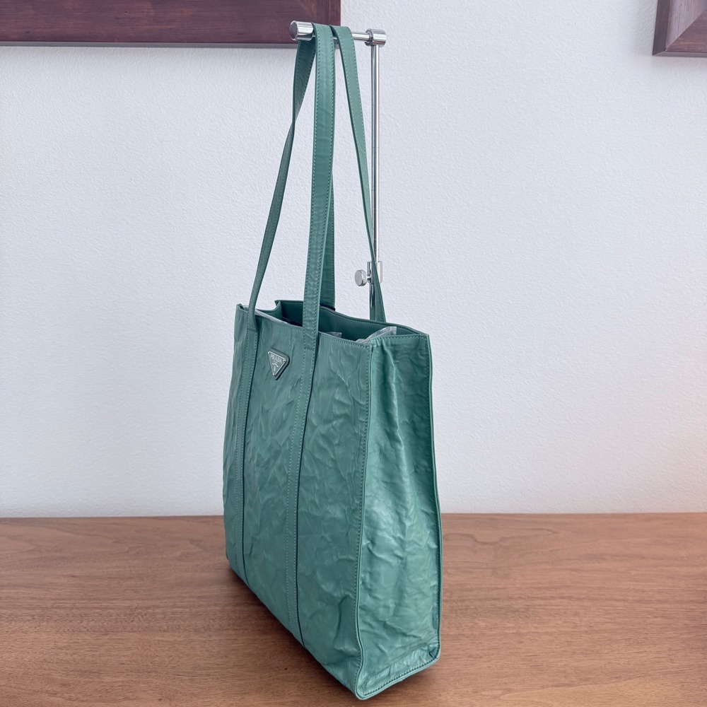 Prada 1BC459 Crinkled Leather Tote Bag Teal Green Shopper Triangle Logo - Picture 4 of 16